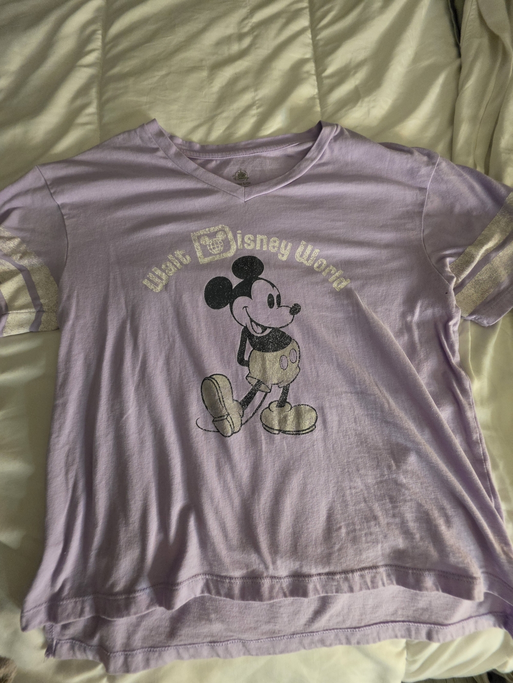 Disney Lavender Mickey Mouse V‑Neck Tee with Striped Sleeves